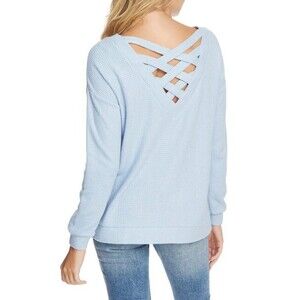 1.State Lattice V-Back Waffle Weave Sweater In Light Blue Size XS